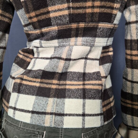 Y2K Fitted Plaid Pea Coat Jacket Size XS Brown Beige Wool Blend Fall Winter - Picture 11 of 14